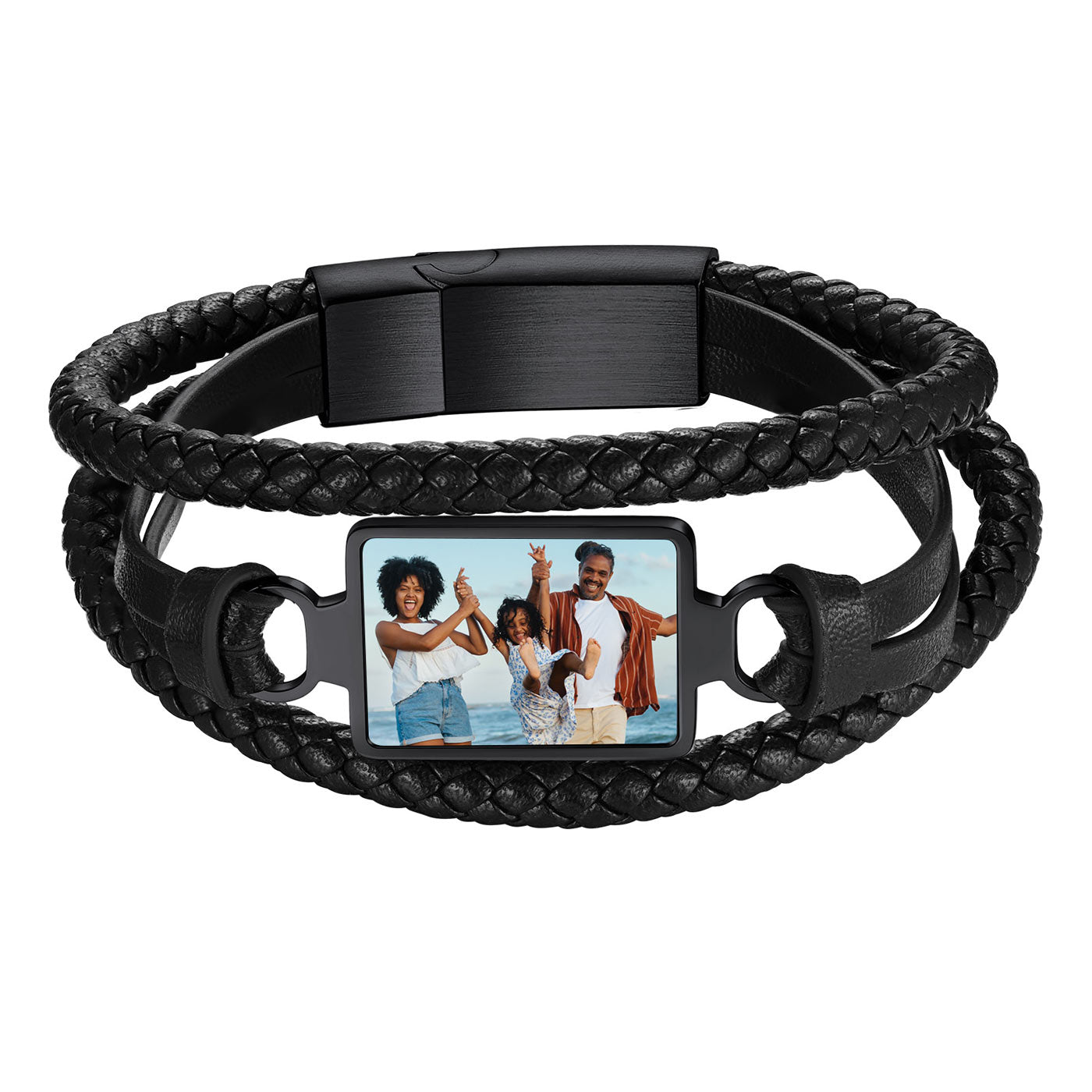 Personalized Photo Braided Leather Bracelet Black Plated Stainless Steel