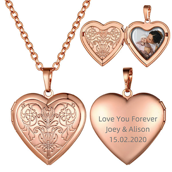 Personalized Photo Heart Flower Locket Necklace Rose Gold