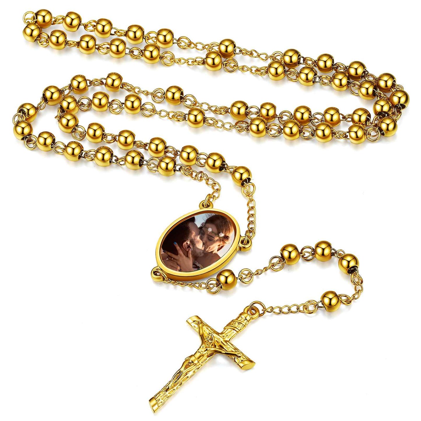 Personalized Photo Rosary Beads Necklace Gold Plated