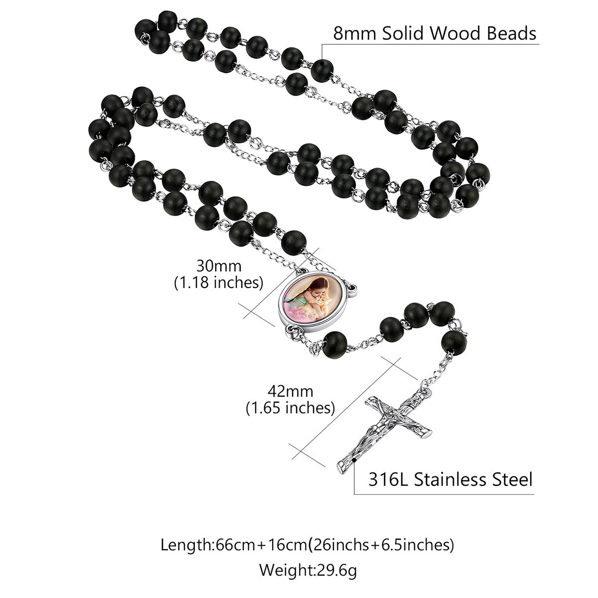 Personalized Photo Virgin Mary Wood Rosary Beads Necklace Dimension, Durable