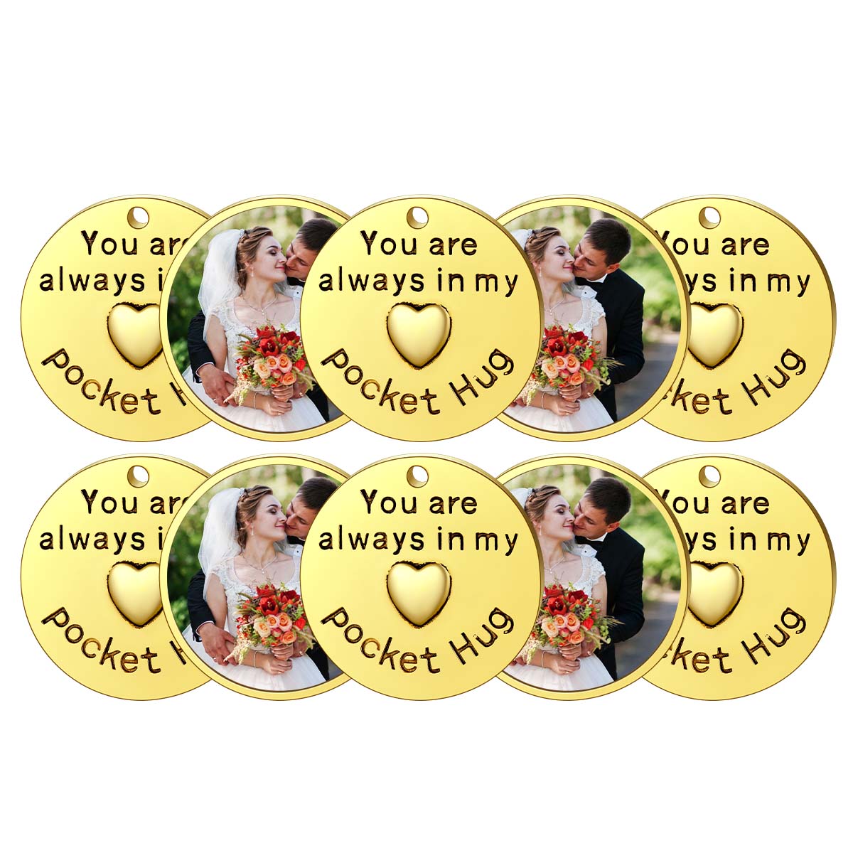 Personalized Picture Commemorative Wedding Coins Pocket Hug Keychain Holder 10pcs Gold Plated