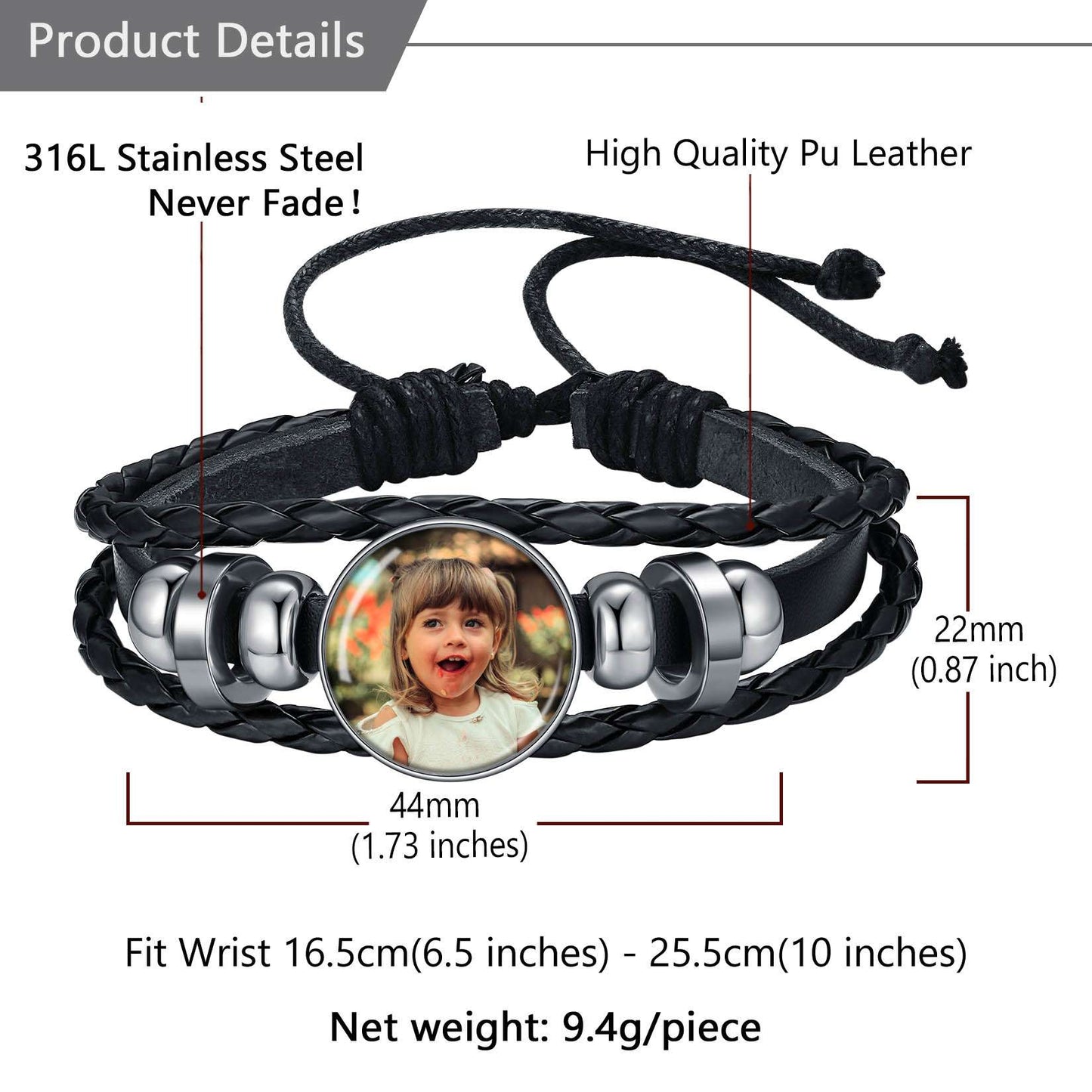Personalized Picture Leather Bracelet Size H5259