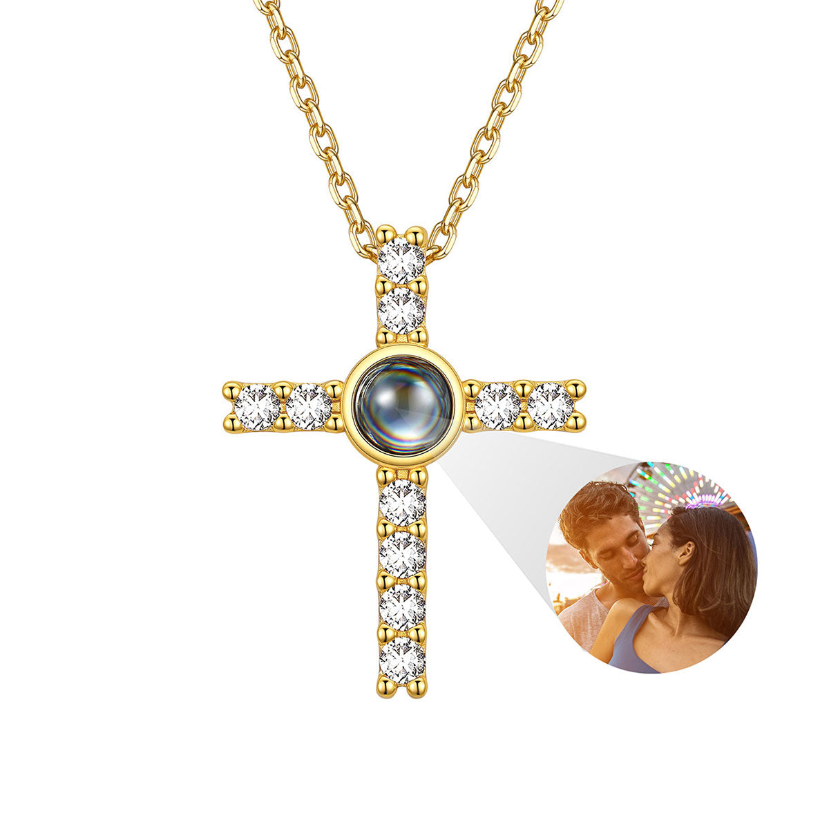 Personalized Picture Projection CZ Cross Necklace Gold Plated