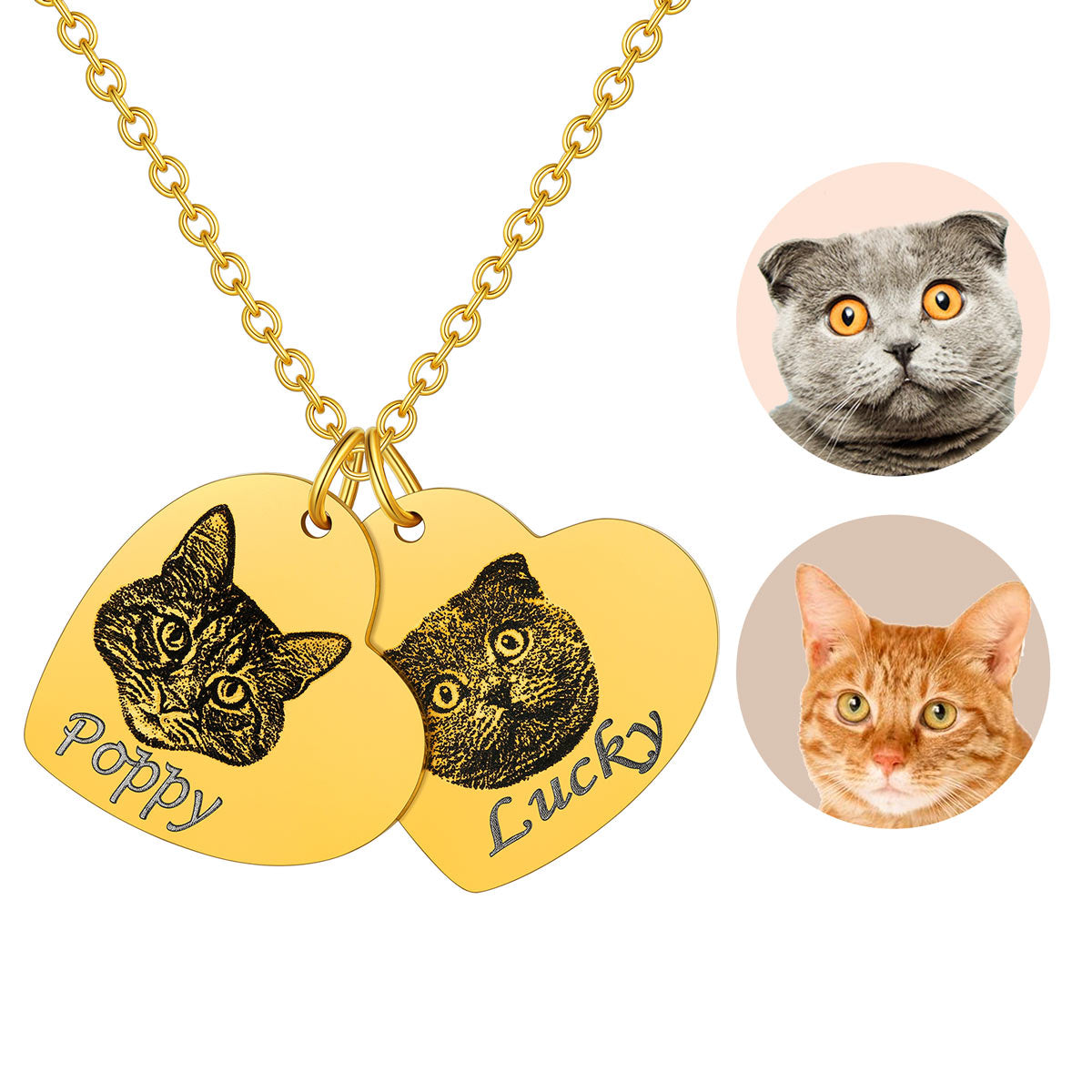 Pet Picture Heart Necklace for Pet Lover 2 Heart Gold Plated