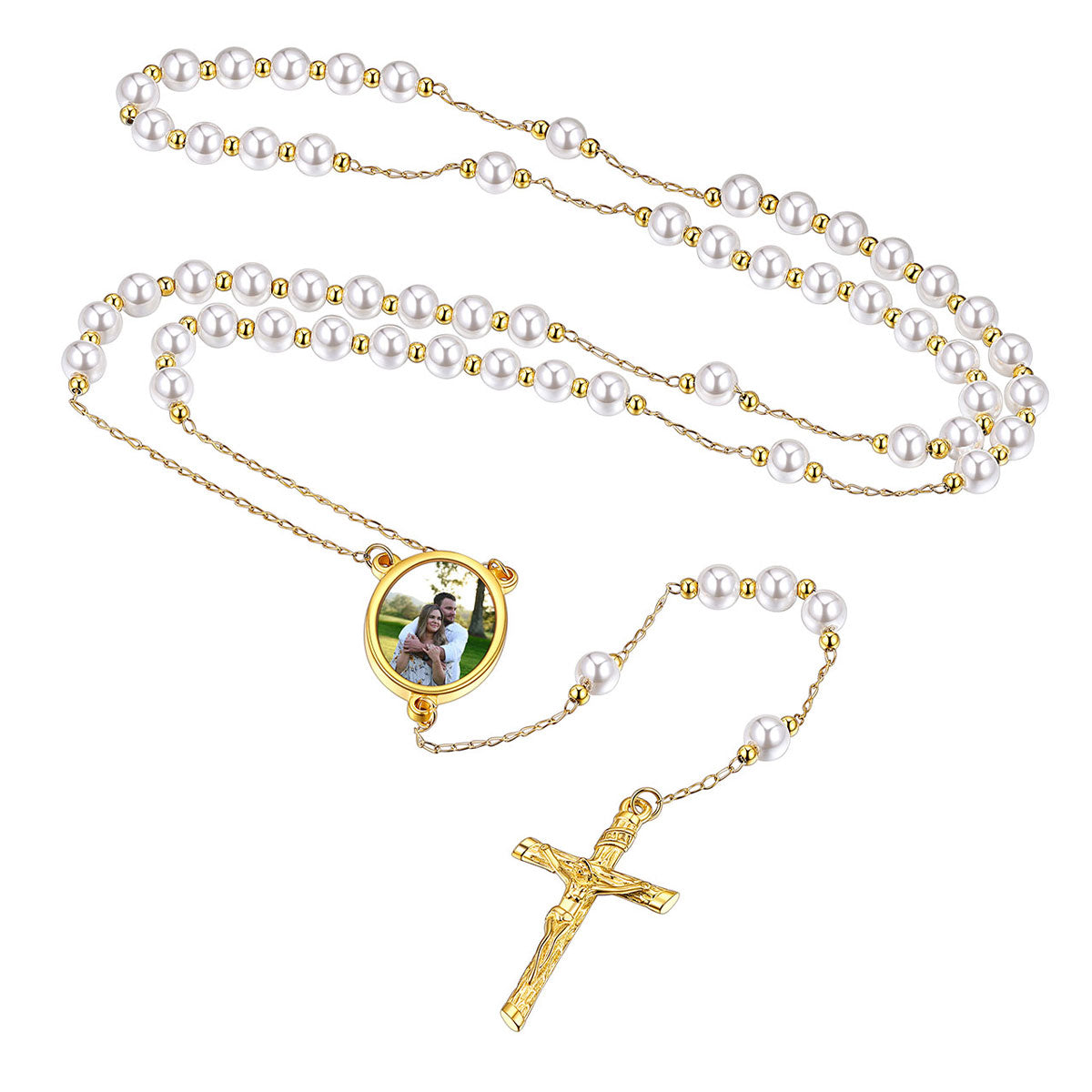 Photo Virgin Mary Pearl Rosary Beads Necklace Gold Plated