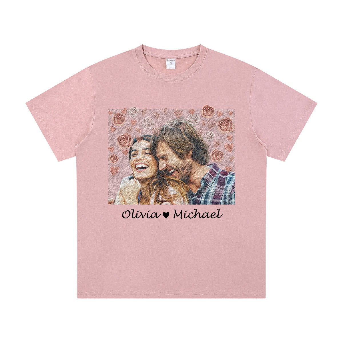 Pink White Custom Retro Photo Text Couple T Shirt Vintage Personalized Gift for BFF