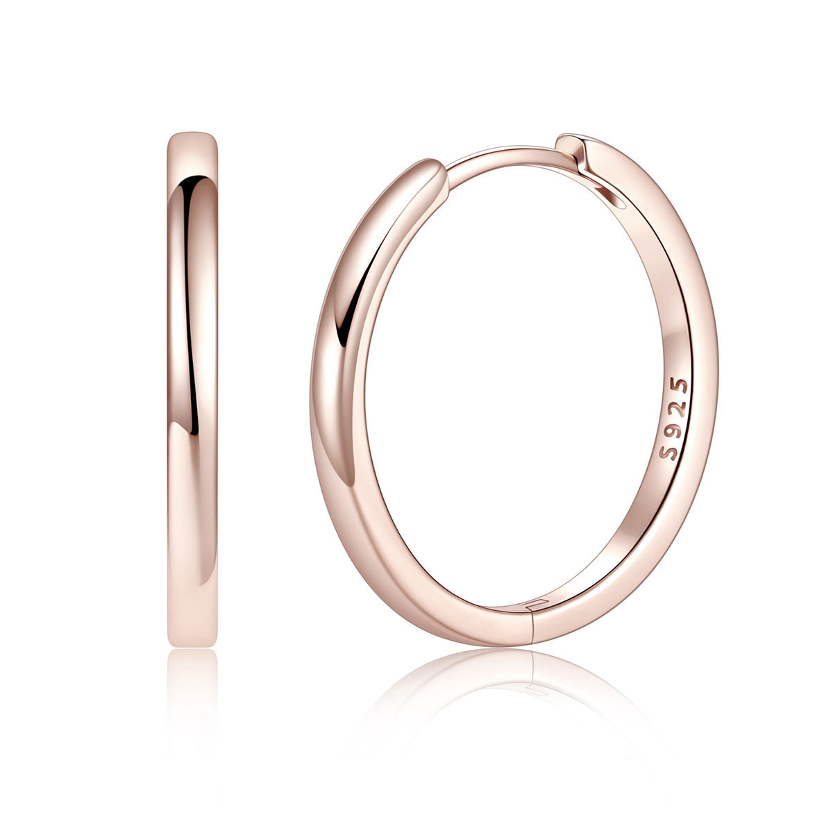 Rose Gold 925 Sterling Silver Huggie Earrings for Men Women on a white background 20mm