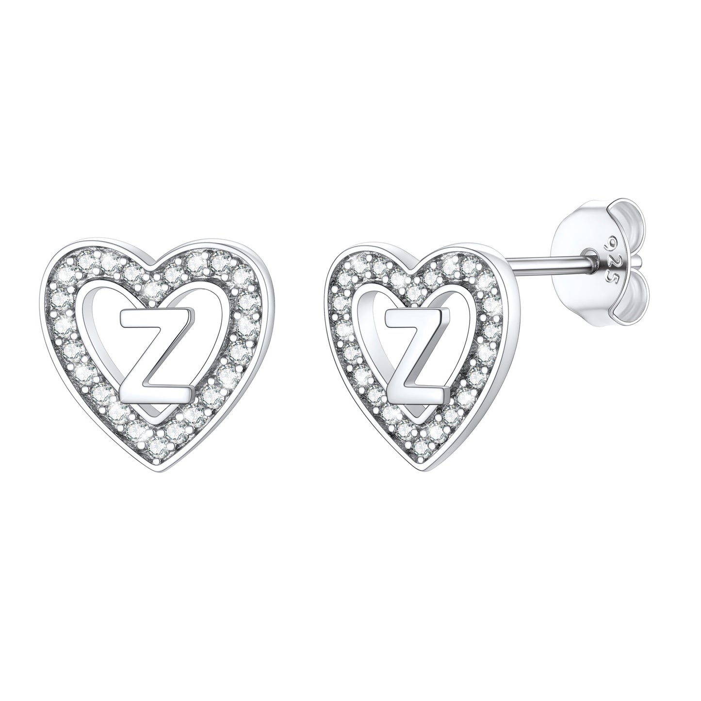 Initial Heart Cubic Zirconia Stud Earrings in 925 Sterling Silver