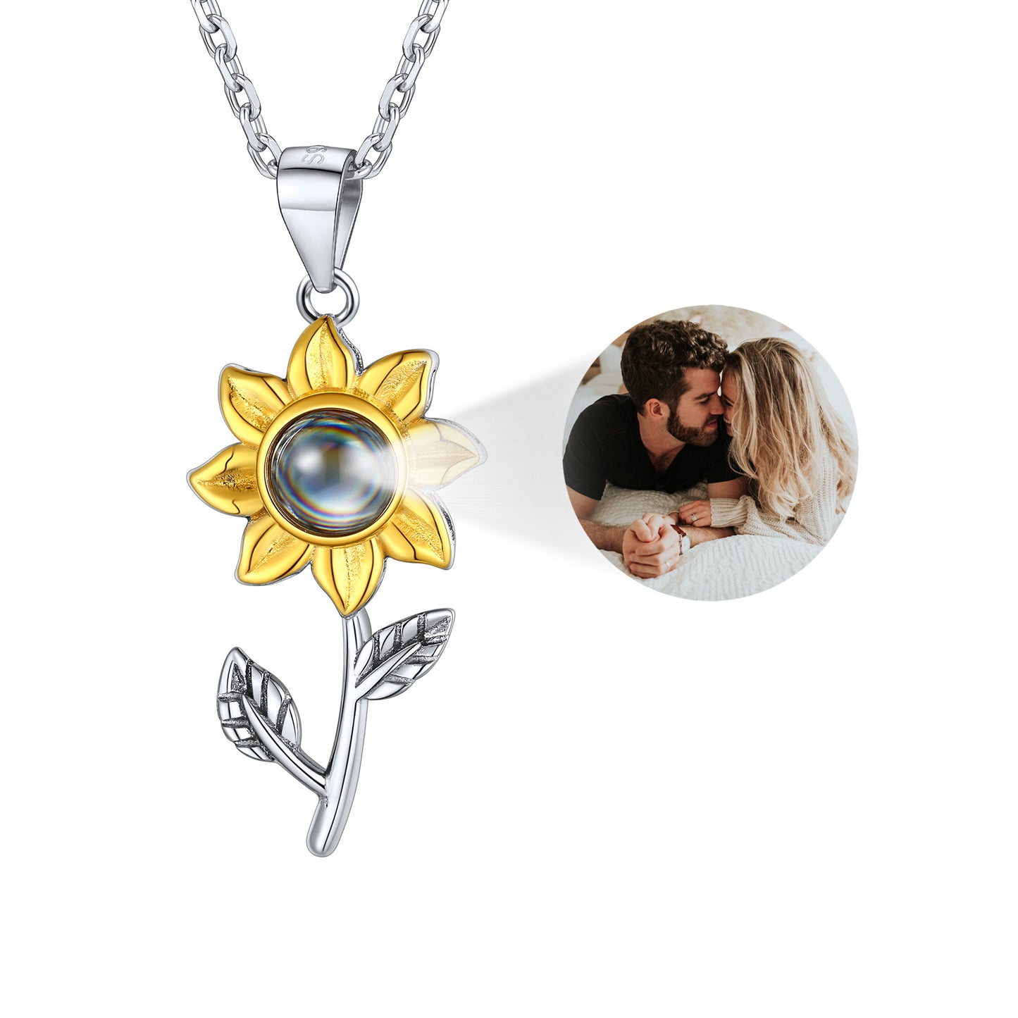 Custom Sunflower Photo Projection Necklace Sterling Silver