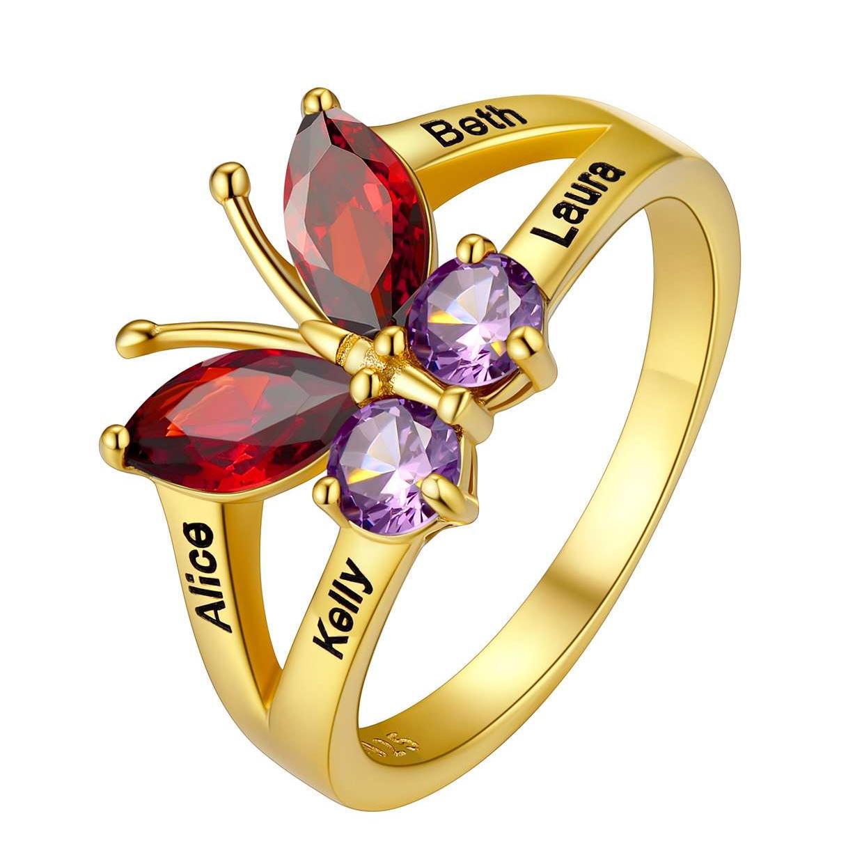 Custom Names Butterfly Birthstones Ring for Women