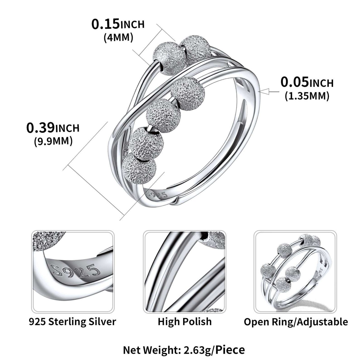 Silver Beads Anxiety Fidget Ring Dimension, Durable