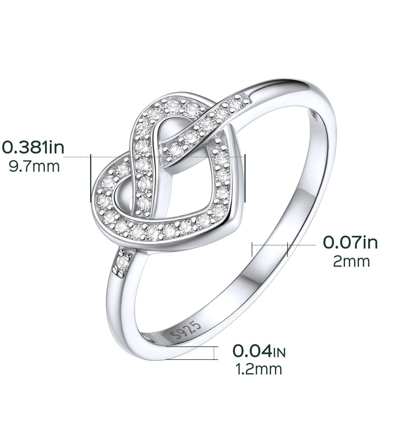 Silver CZ Heart Love Knot Promise Ring Dimension, Hypoallergenic