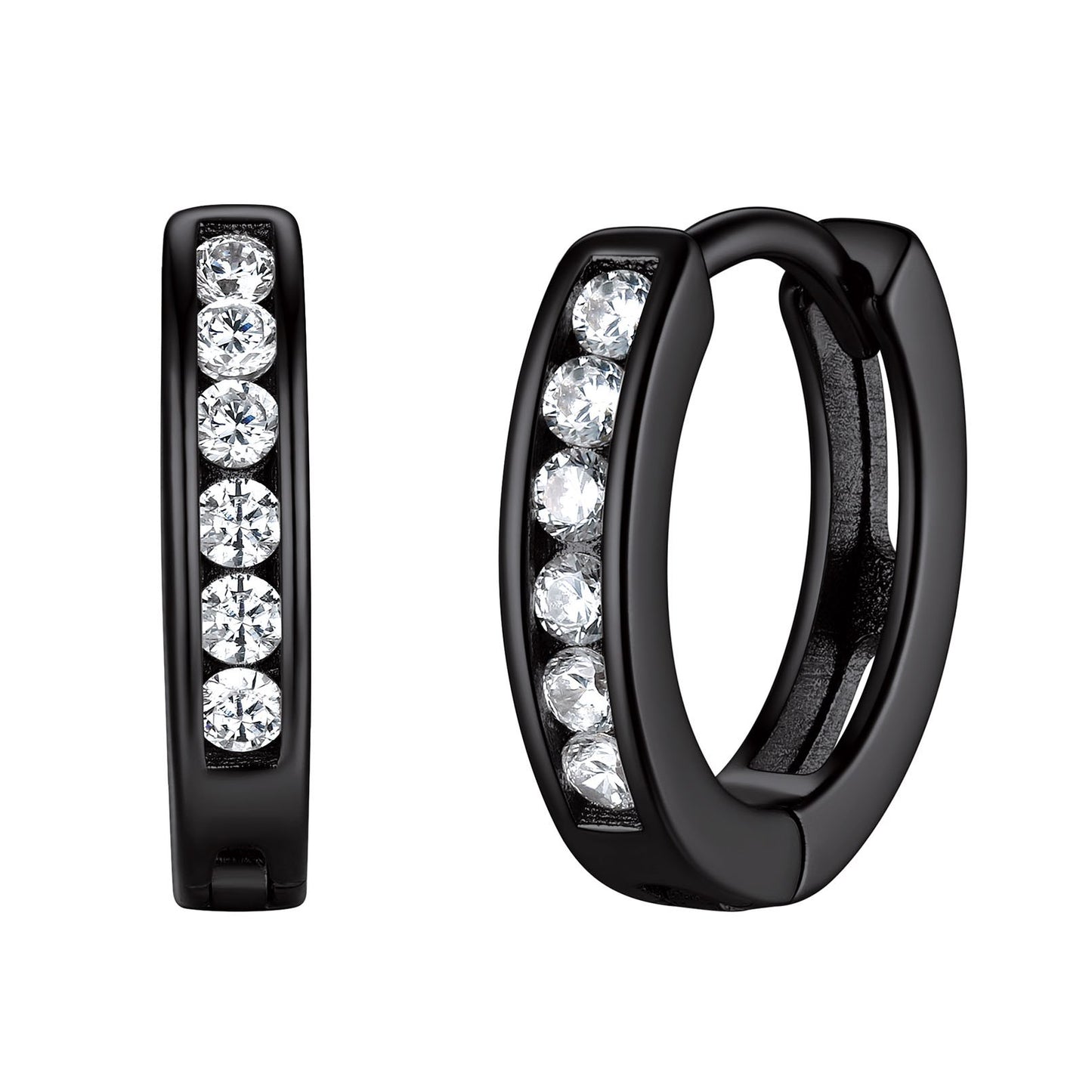 Silver Cubic Zirconia Huggie Hoop Earrings Black Plated