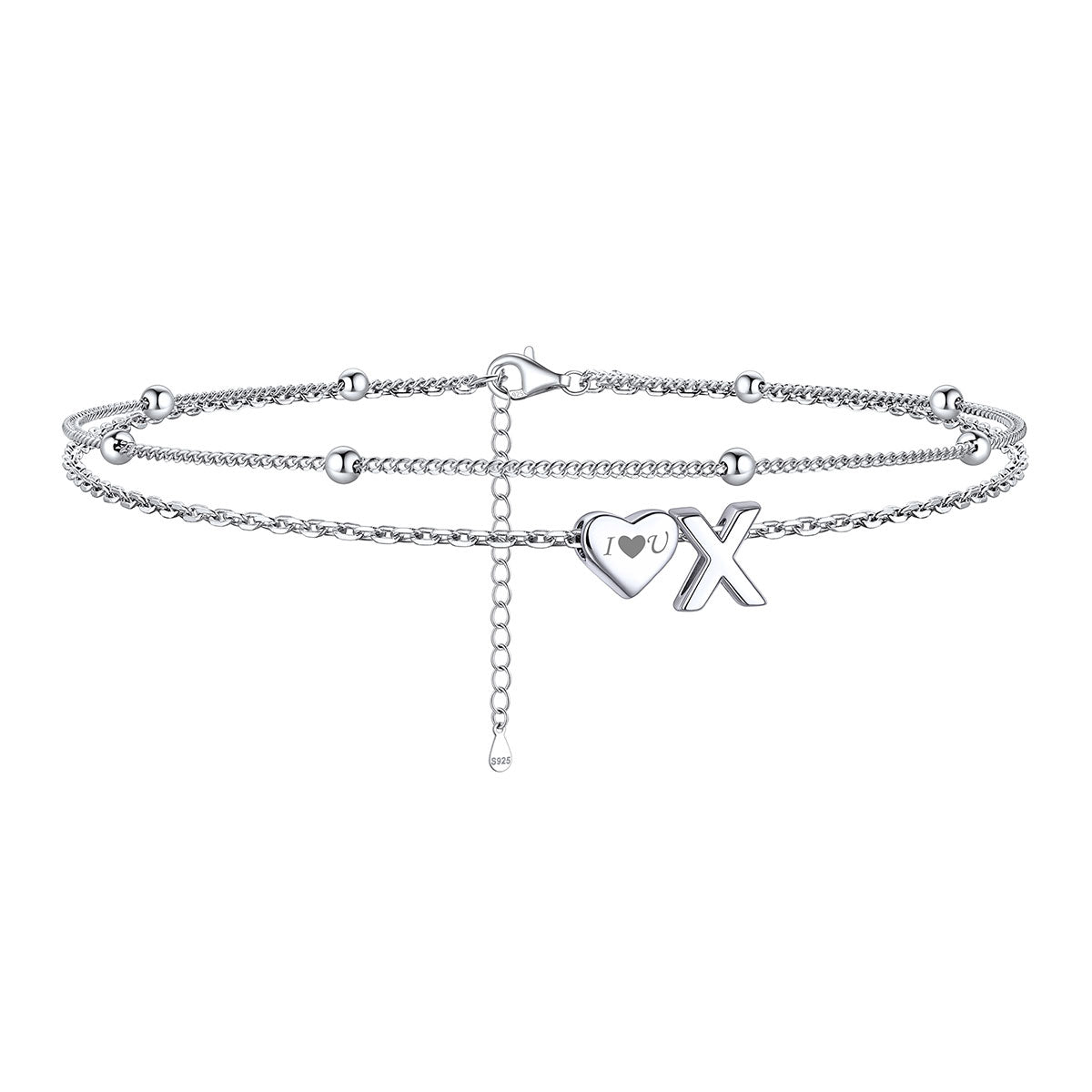 Silver Layer Heart Initial X Anklets