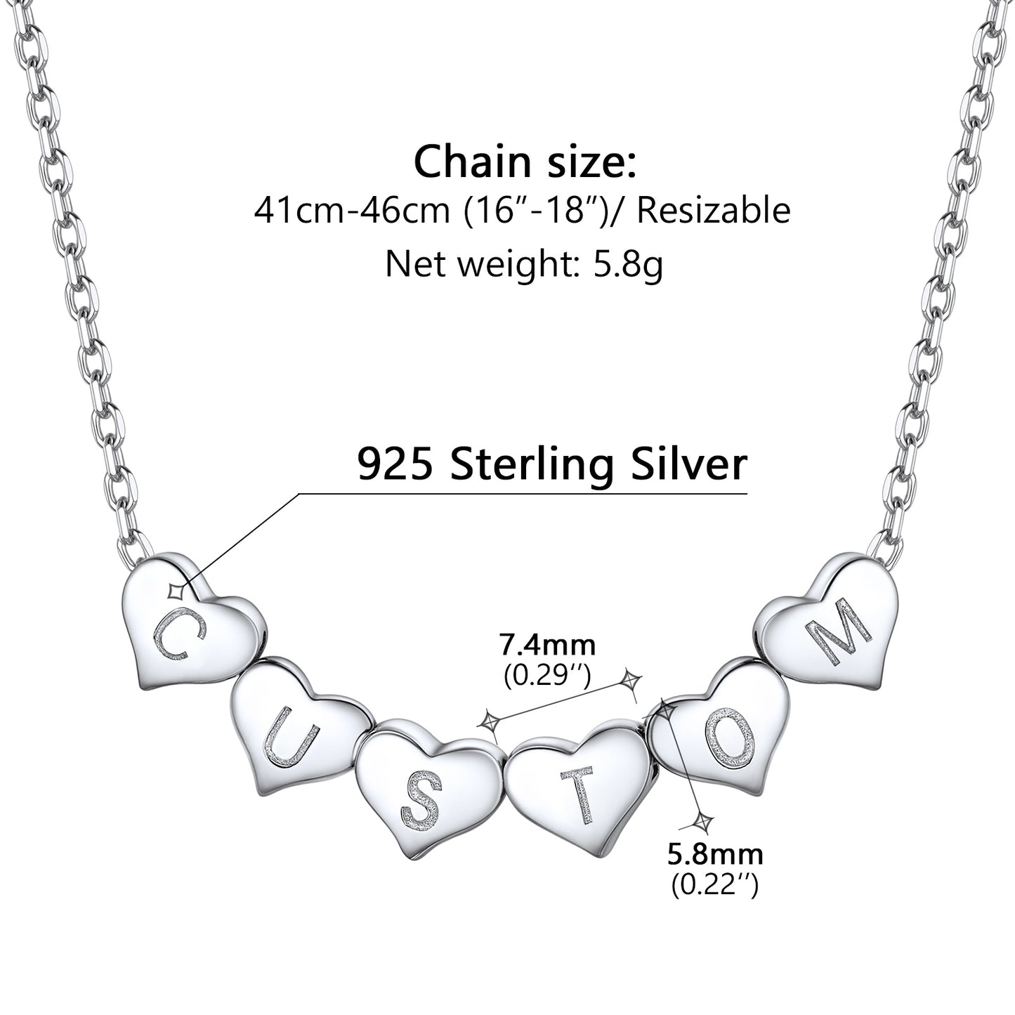 Silver initial heart charm necklace with heart-shaped pendants displaying letters, chain size, and material information on a white background.