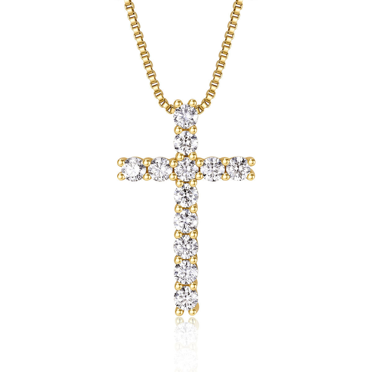Sparkling Moissanite Cross Necklace for Women Gold Plated on a white background