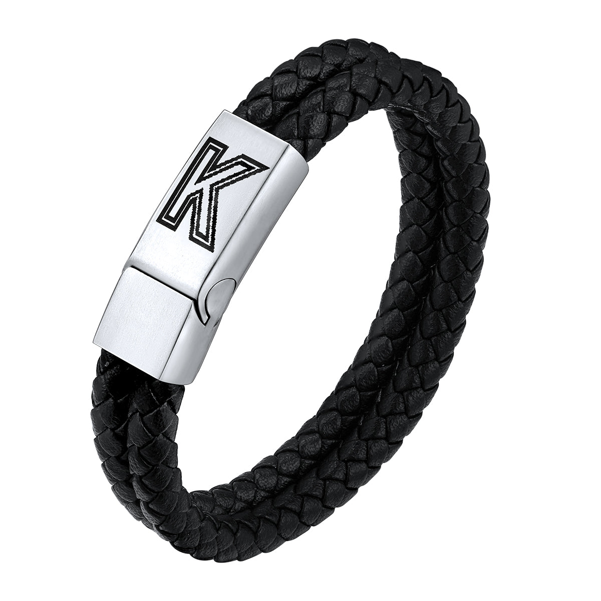 Stainless Steel Custom Engraved Initial Braided Leather Bracelet
