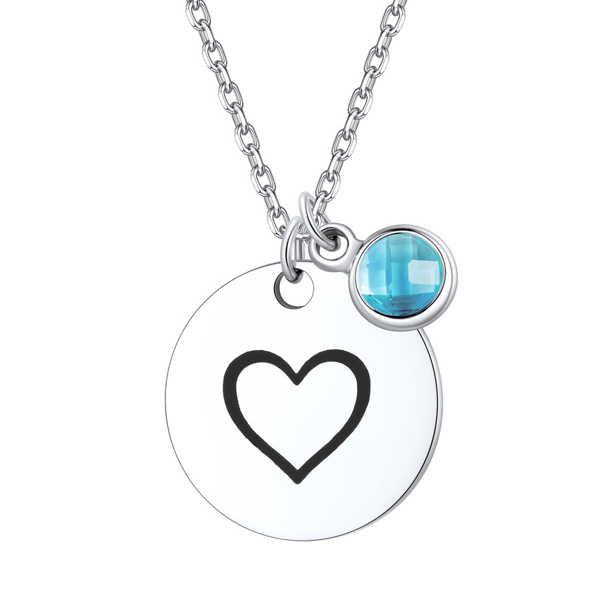 Steel Custom Engraved Heart Round Tag Disc Necklace with Birthstone on a white background Large size
