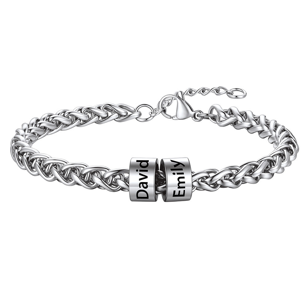 Steel Customized Engraved 2 Name Beads Bracelet for Men Women on a white background