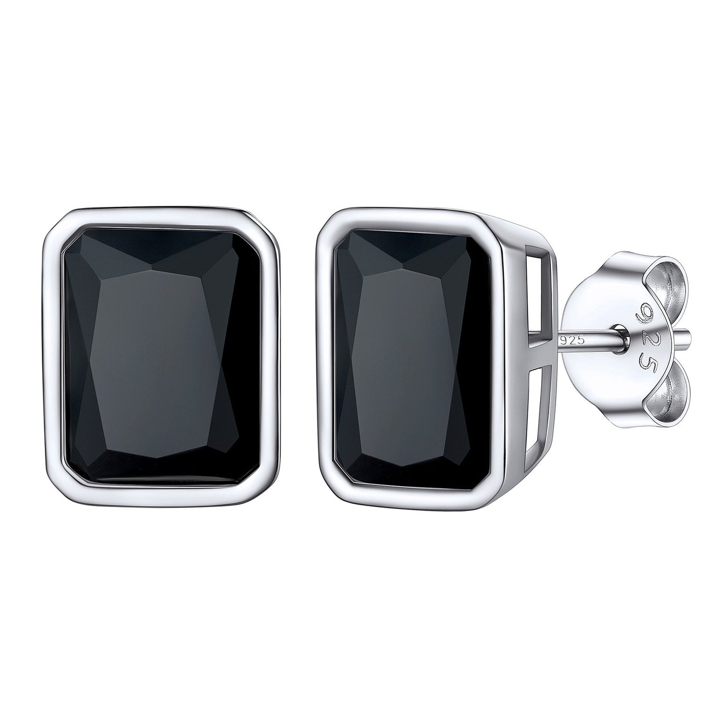 Sterling Silver Emerald Cut Black CZ Stud Earrings 7mm