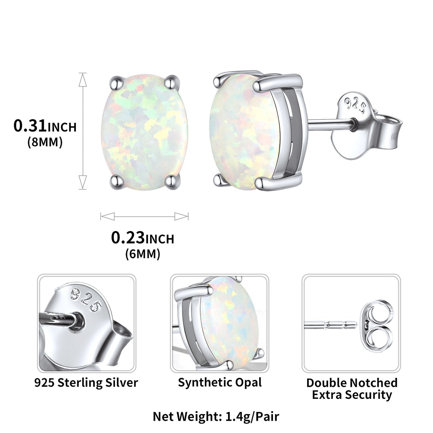 Sterling Silver Opal Stud Earrings: Dimension, Hypoallergenic