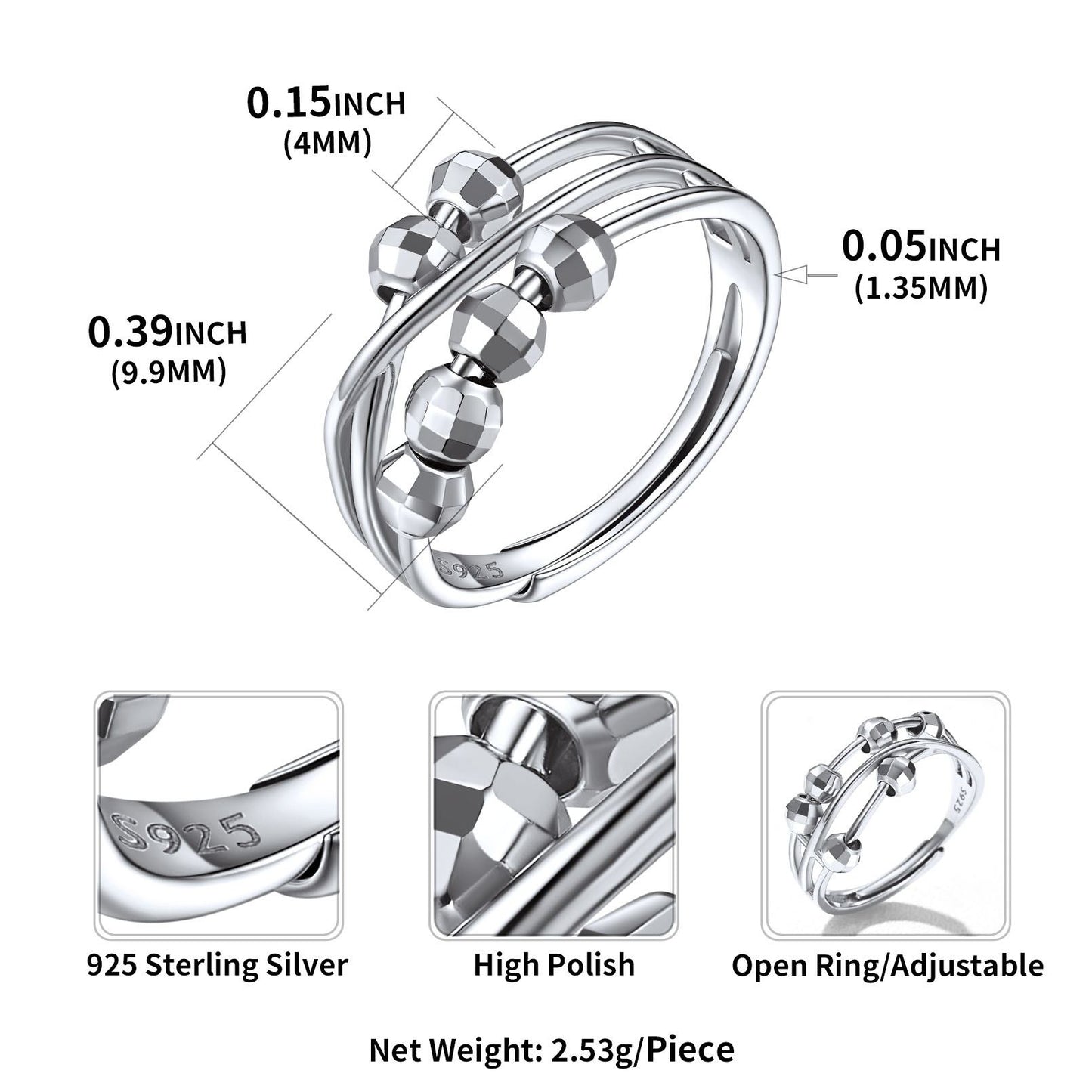 Sterling Silver Spinner Beads Fidget Ring Dimension, Hypoallergenic
