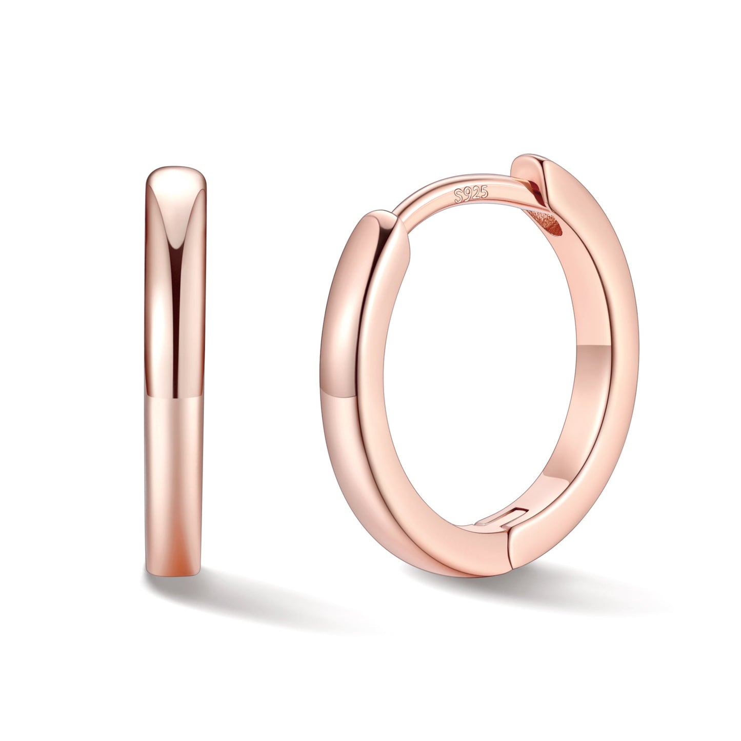 Rose gold hoop earrings on a white background