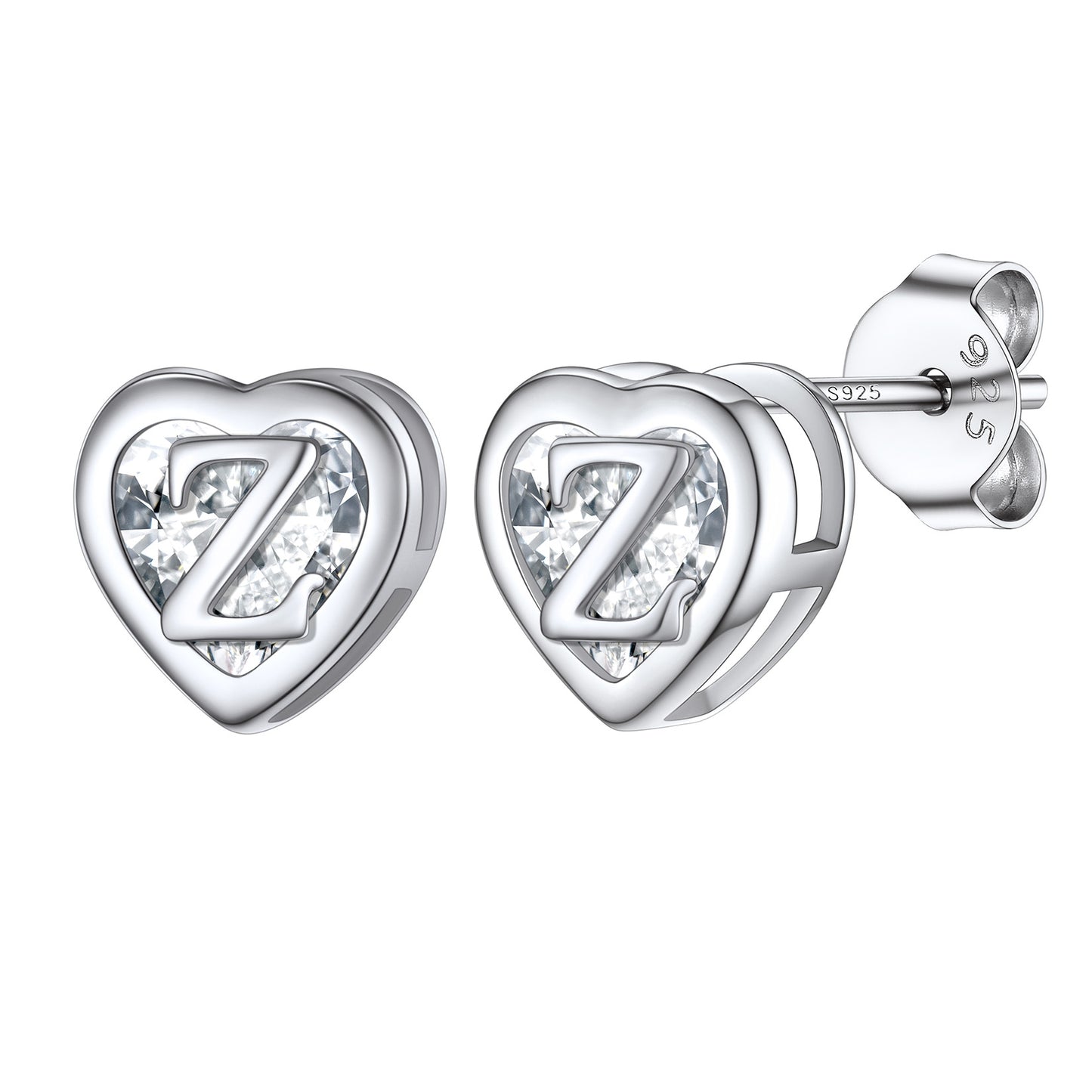 Heart Letter Initial Cubic Zirconia Stud Earrings in 925 Sterling Silver
