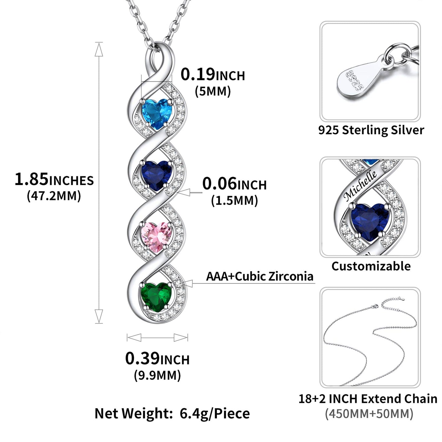 Personalized Infinity Necklace With 4 Heart Birthstones