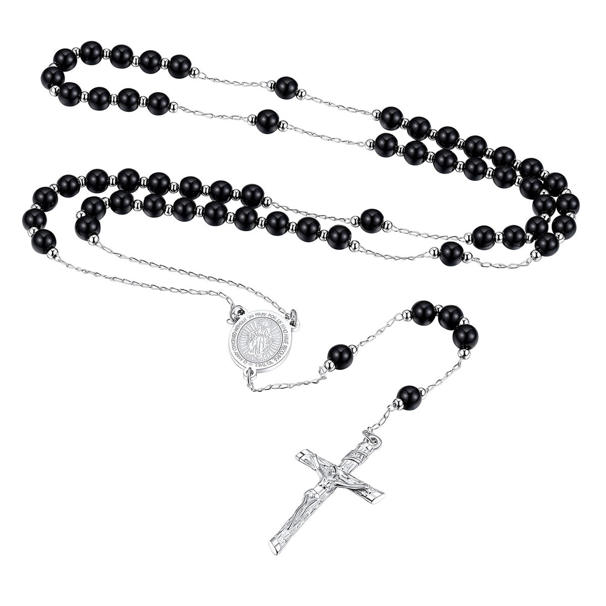 Virgin Mary Black Rosary Beads Necklace Steel