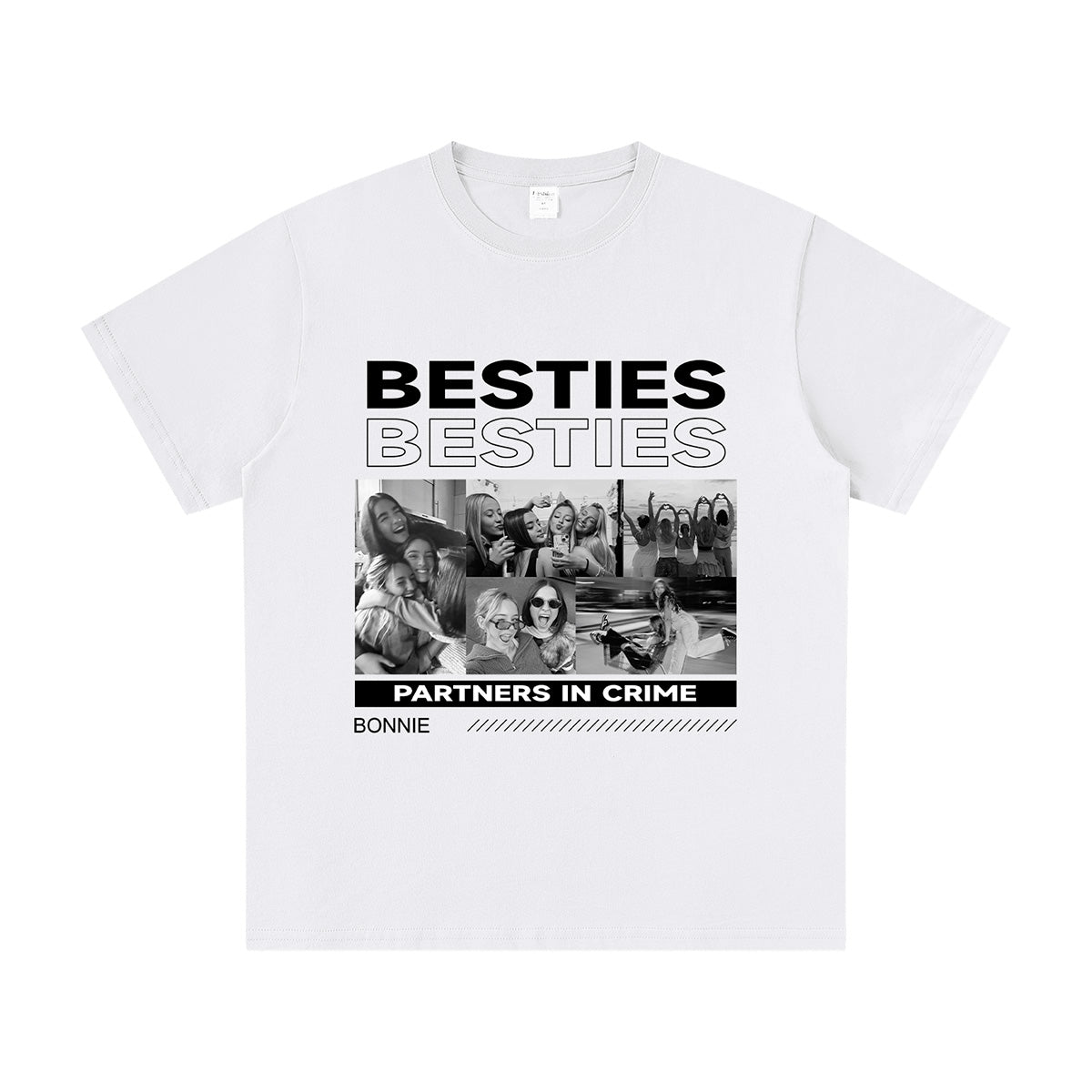 White besties t-shirt with 'BESTIES' and 'PARTNERS IN CRIME' text and collage of images on a white background