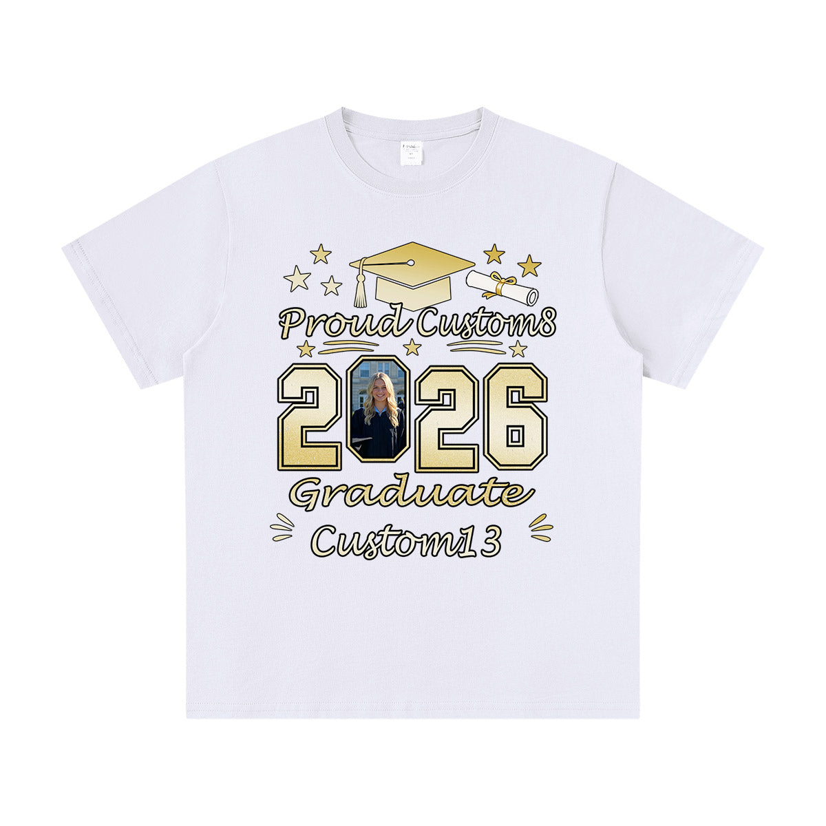 White graduation t-shirt with graduation-themed design and text on a white background