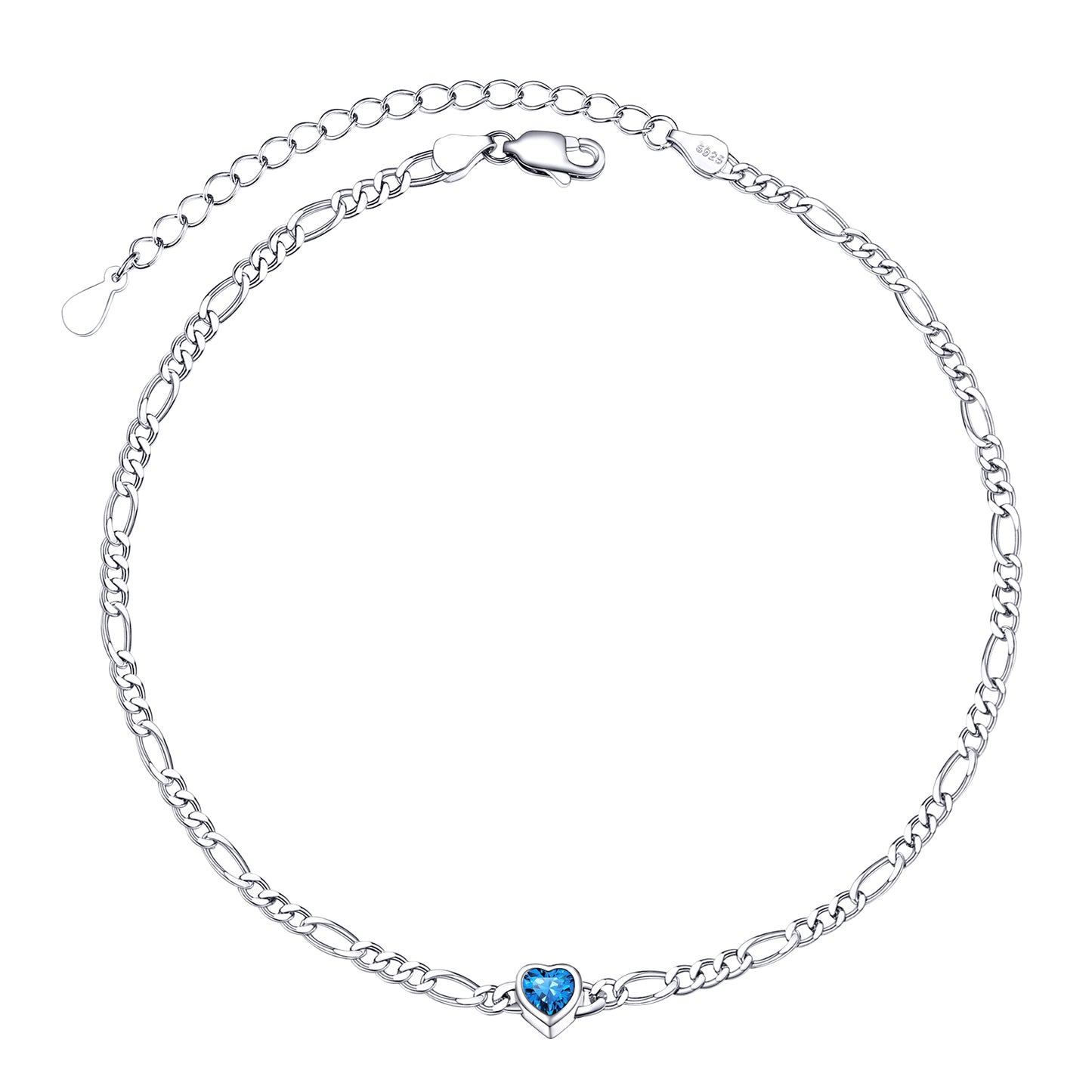 925 Sterling Silver Heart Birthstone Figaro Anklet for Women