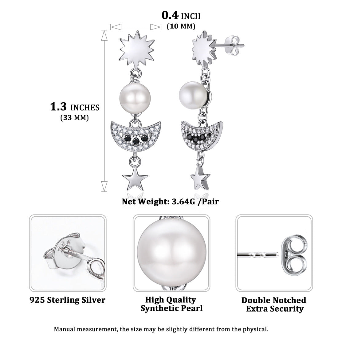 Moon Star Dangle Pearl Stud Earrings Sterling Silver