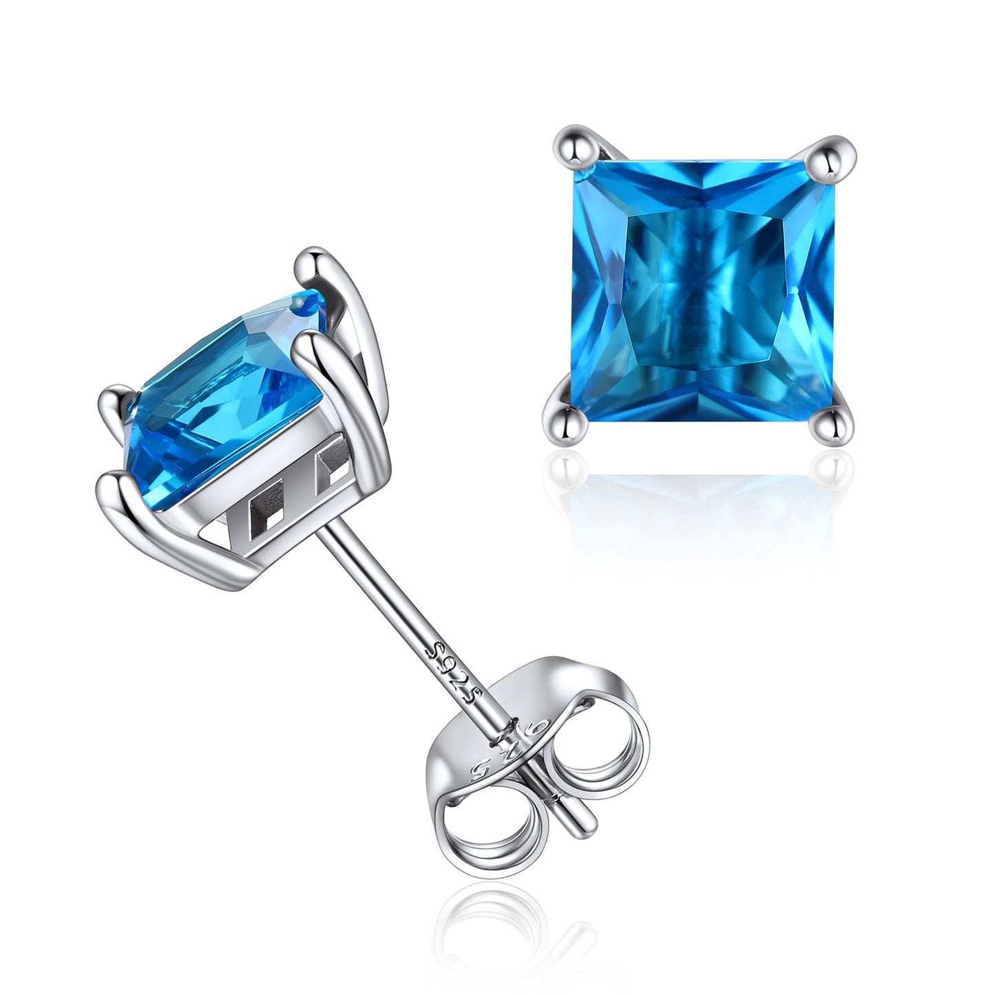 925 Sterling Silver Princess Cut Birthstone Stud Earrings For Women