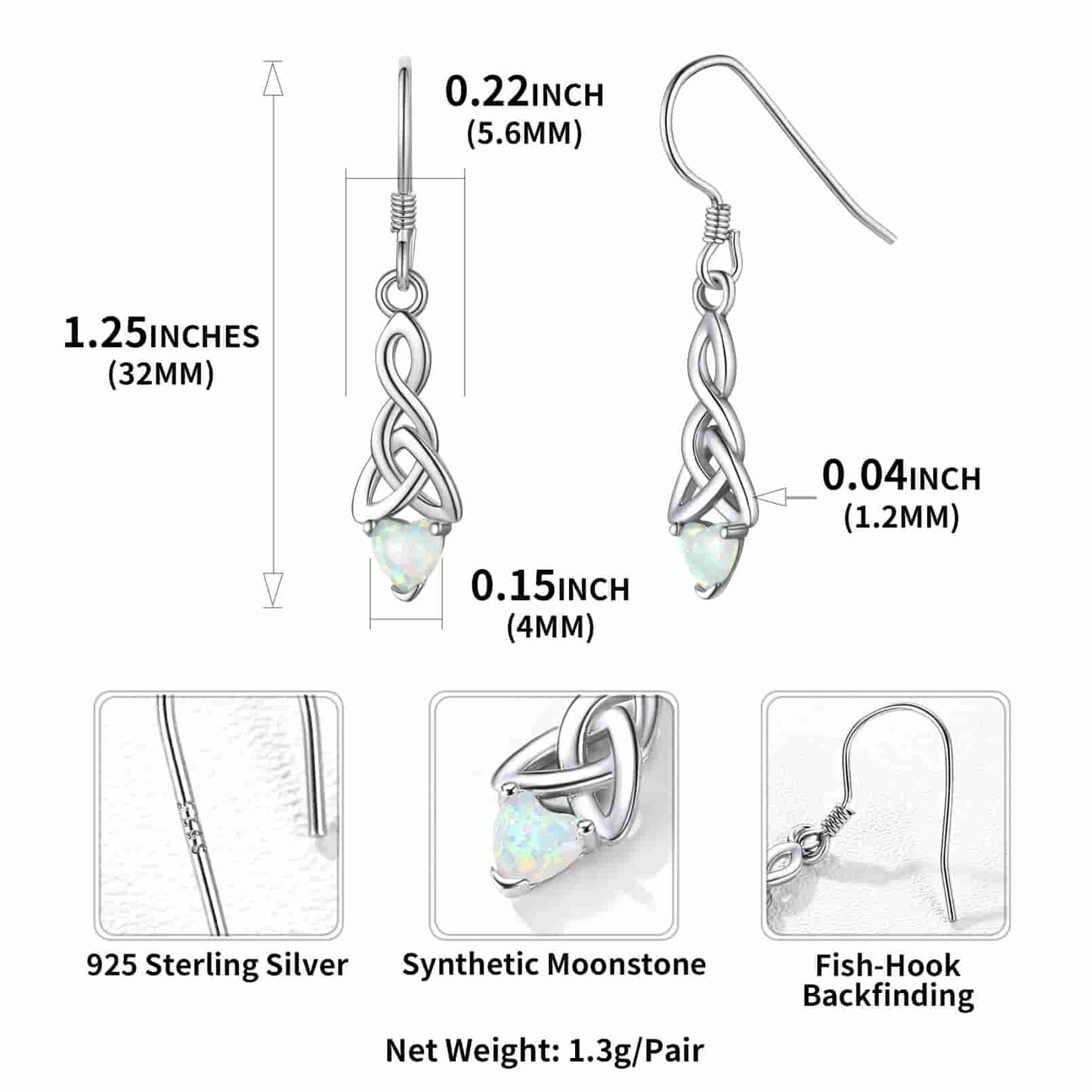 Sterling Silver Celtic Knot Heart Opal Dangle Earrings