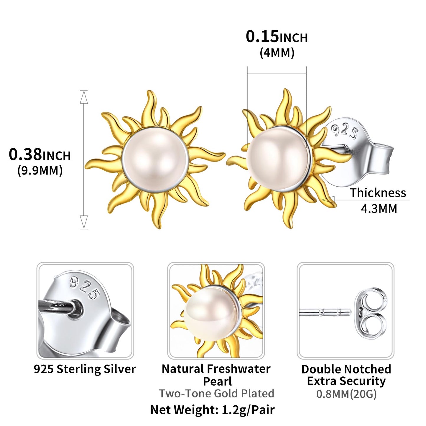 Pendientes de plata de ley con forma de girasol y perla para mujer