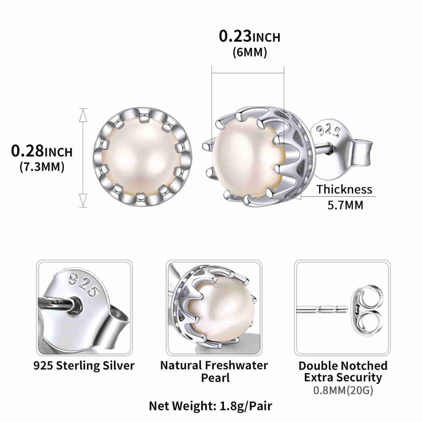 Sterling Silver Crown Pearl Stud Earrings