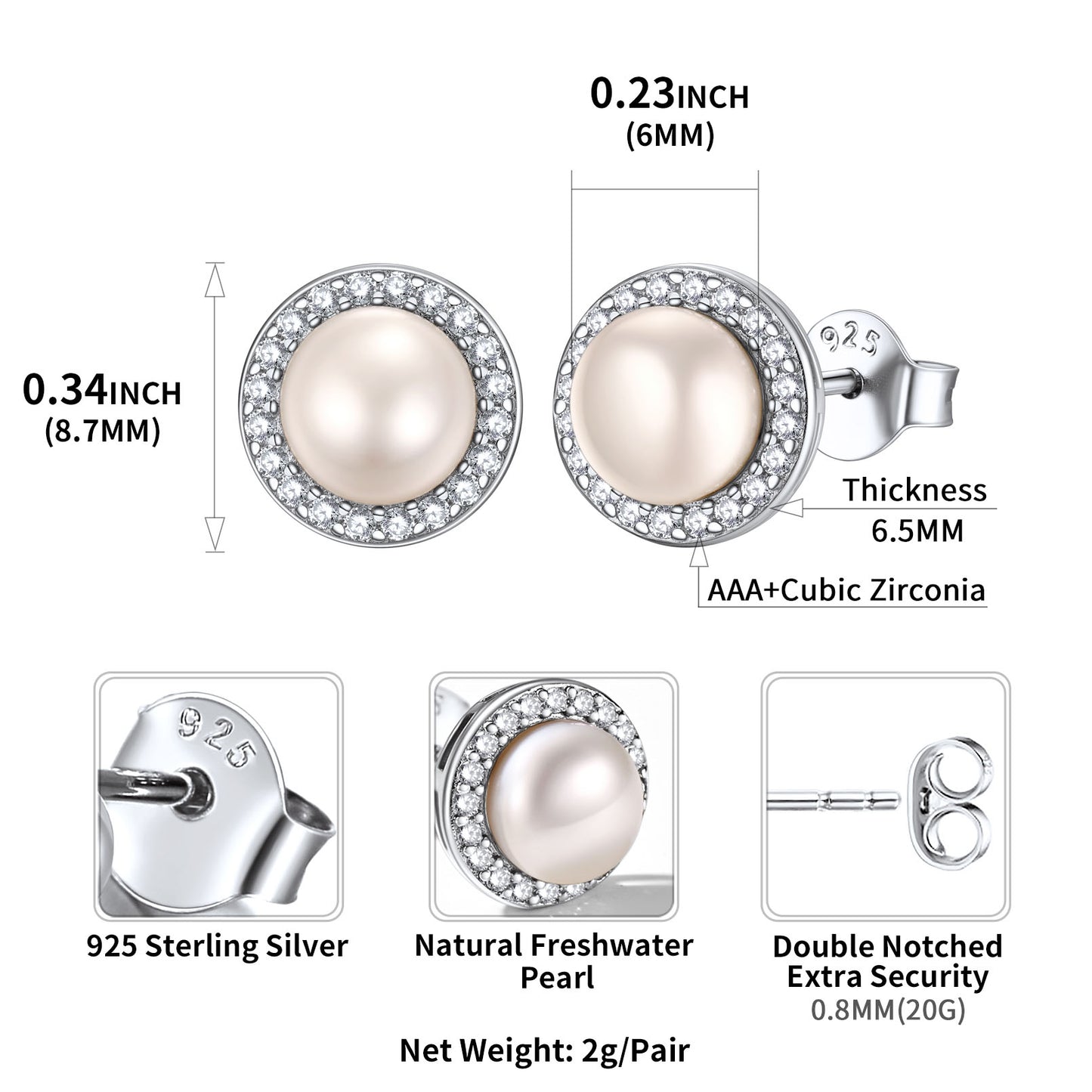 Classic Cubic Zirconia Pearl Stud Earrings Sterling Silver