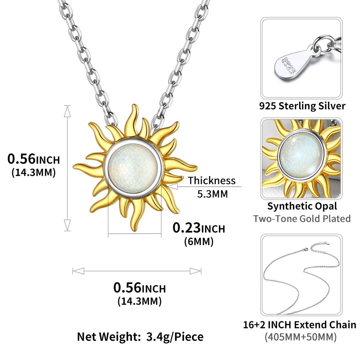 Sterling Silver Opal Sun Burst Pendant Necklace