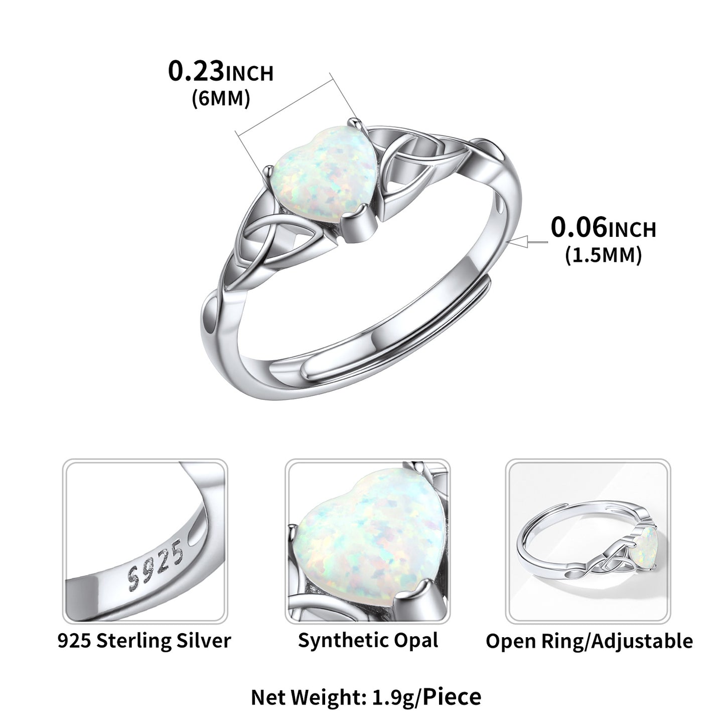 Sterling Silver Celtic Knot Heart Opal Ring For Women