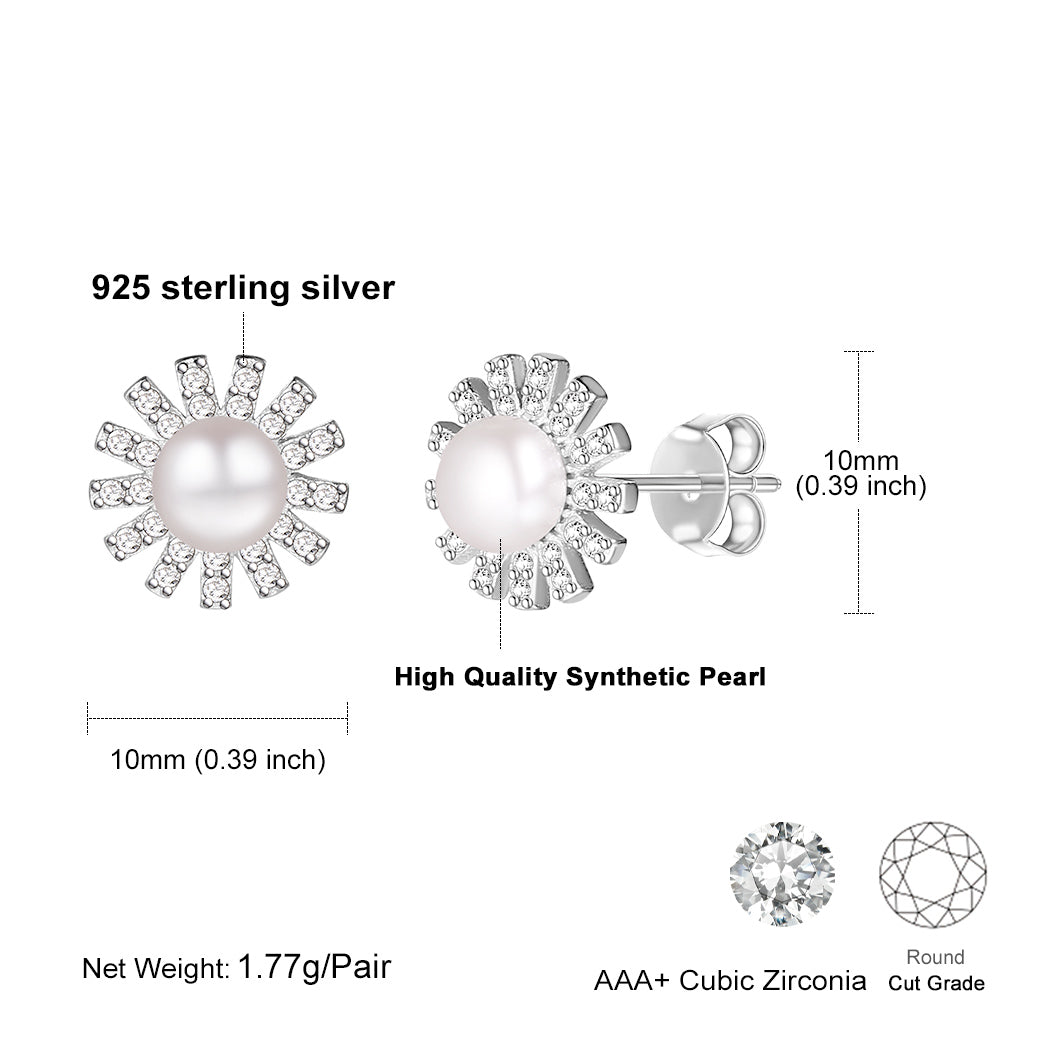 Sterling Silver Cubic Zirconia Sun Pearl Stud Earrings