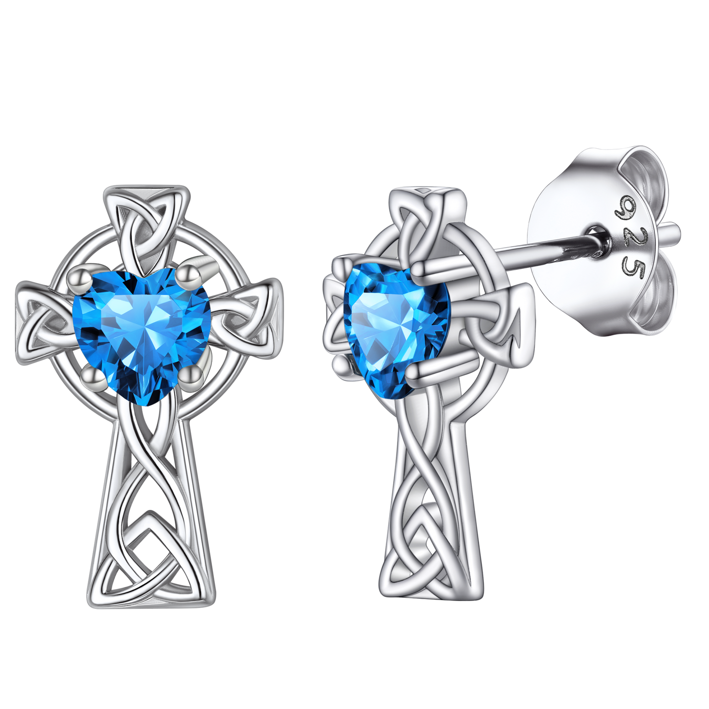 925 Sterling Silver Celtic Knot Cross Birthstone Stud Earrings