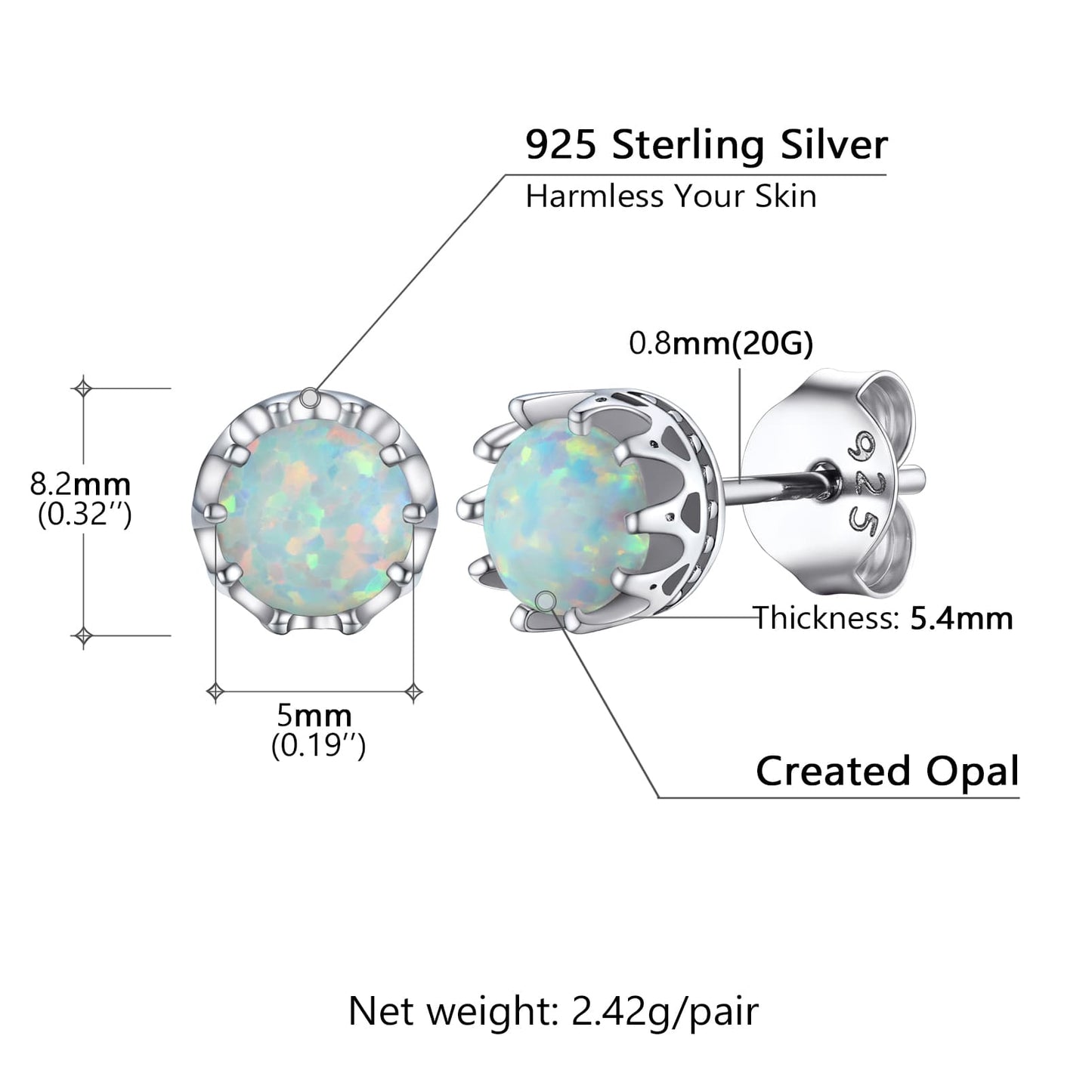 Sterling Silver Opal Crown Stud Earrings