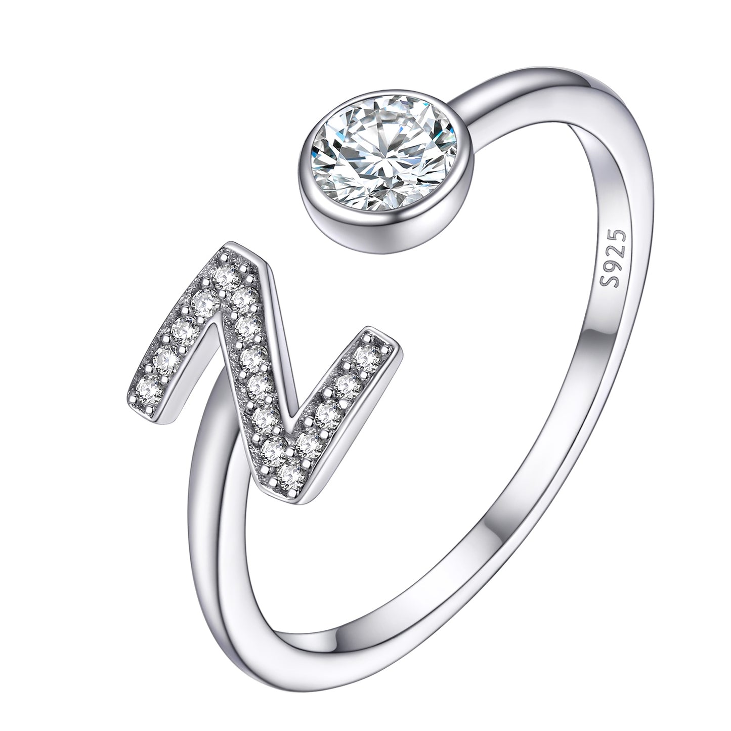 Adjustable Sterling Silver Cubic Zirconia Letter A-Z Initial Rings