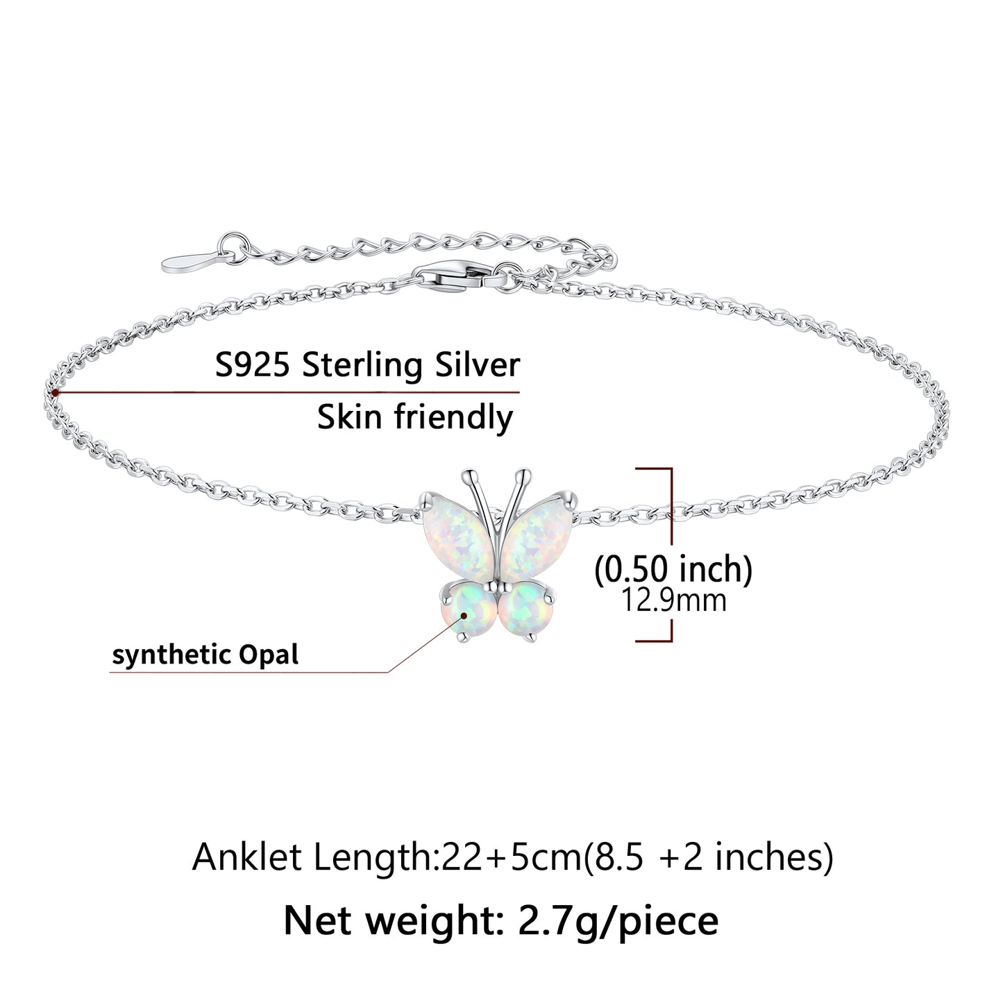 Sterling Silver Opal Butterfly Anklet For Women