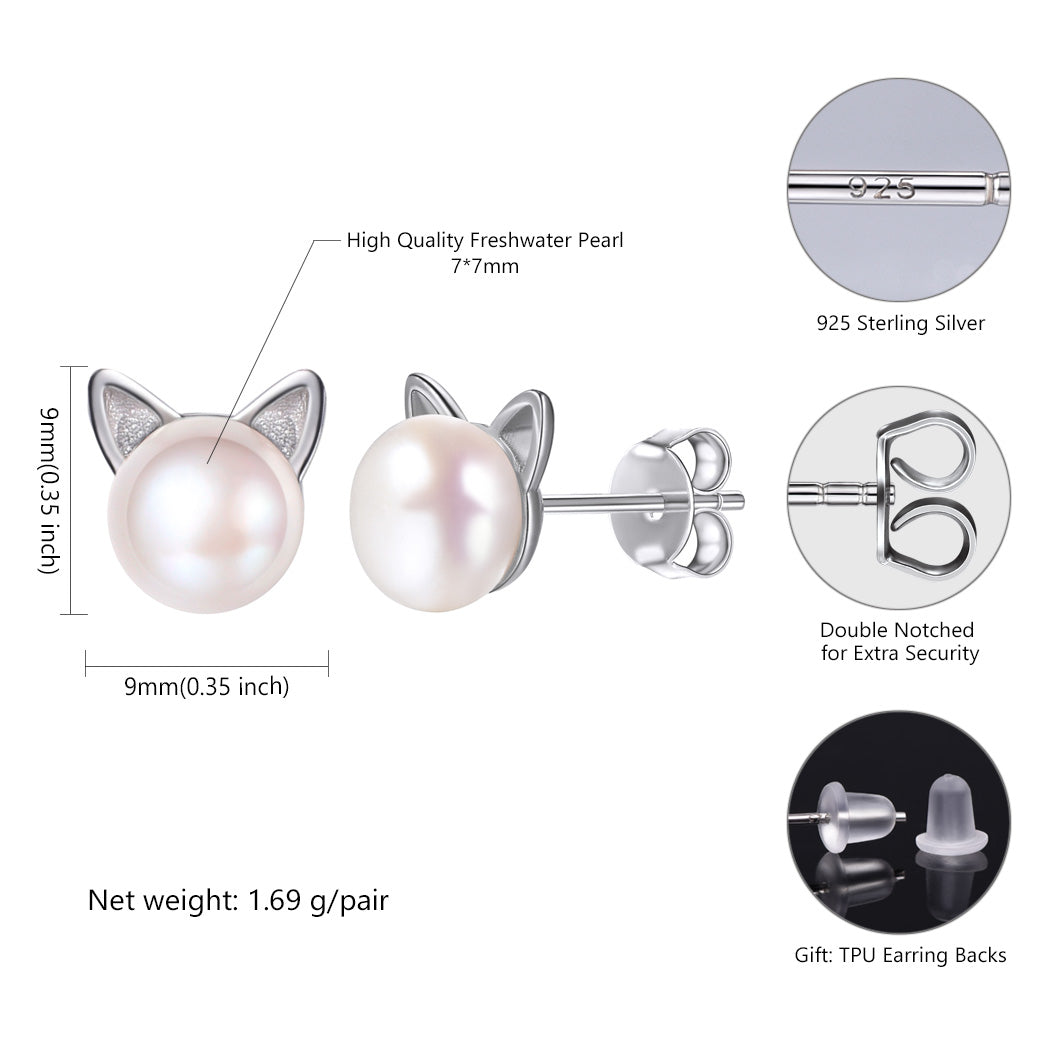 Cute Cat Pearl Stud Earrings Sterling Silver