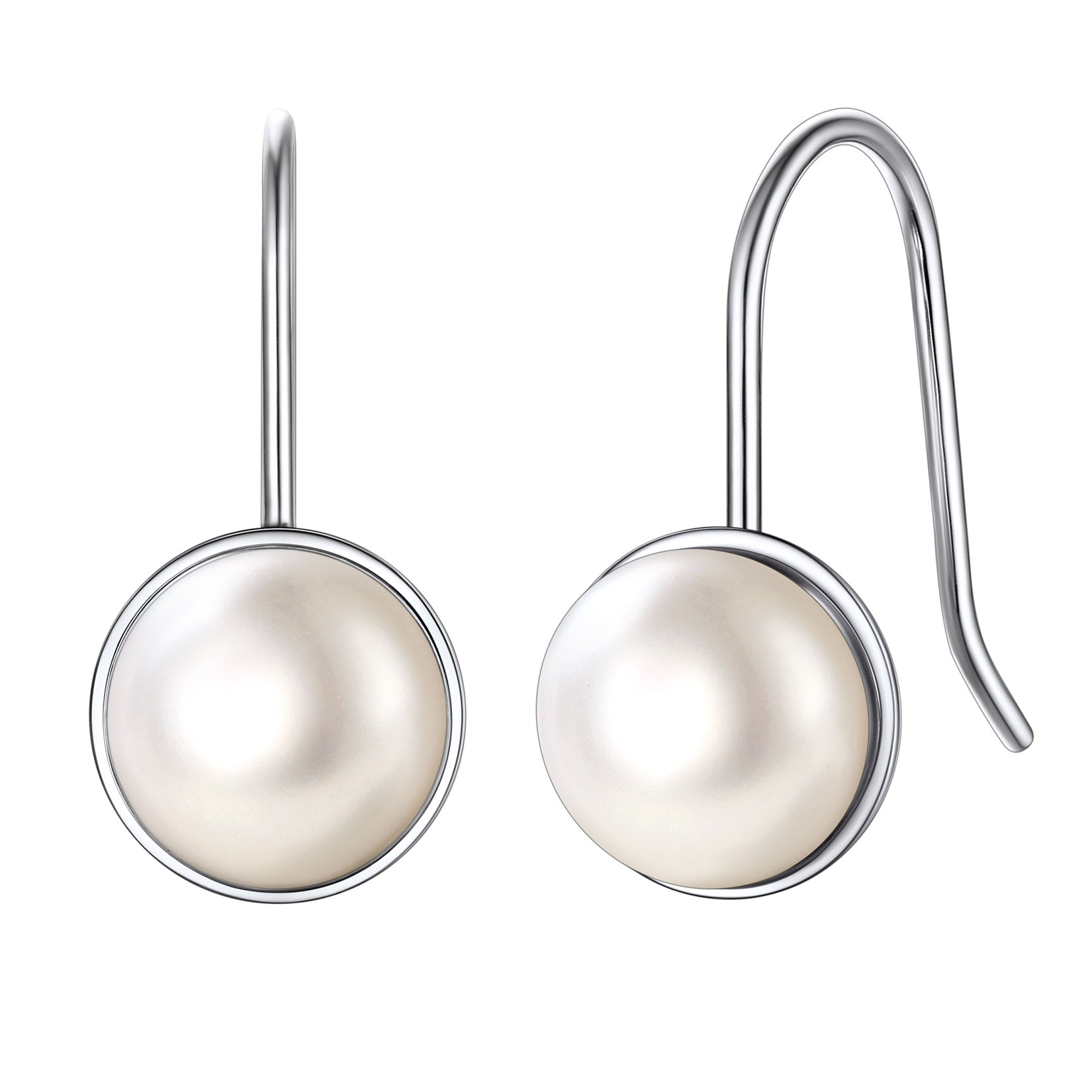 Sterling Silver Fish Hook Pearl Earrings for Women, 8mm