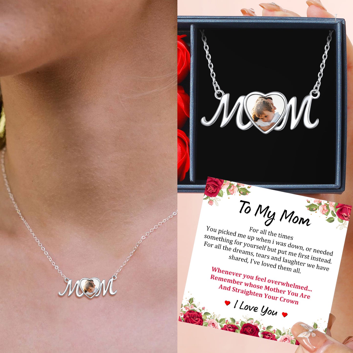 Sterling Silver Mom Heart Photo Necklace For Mother