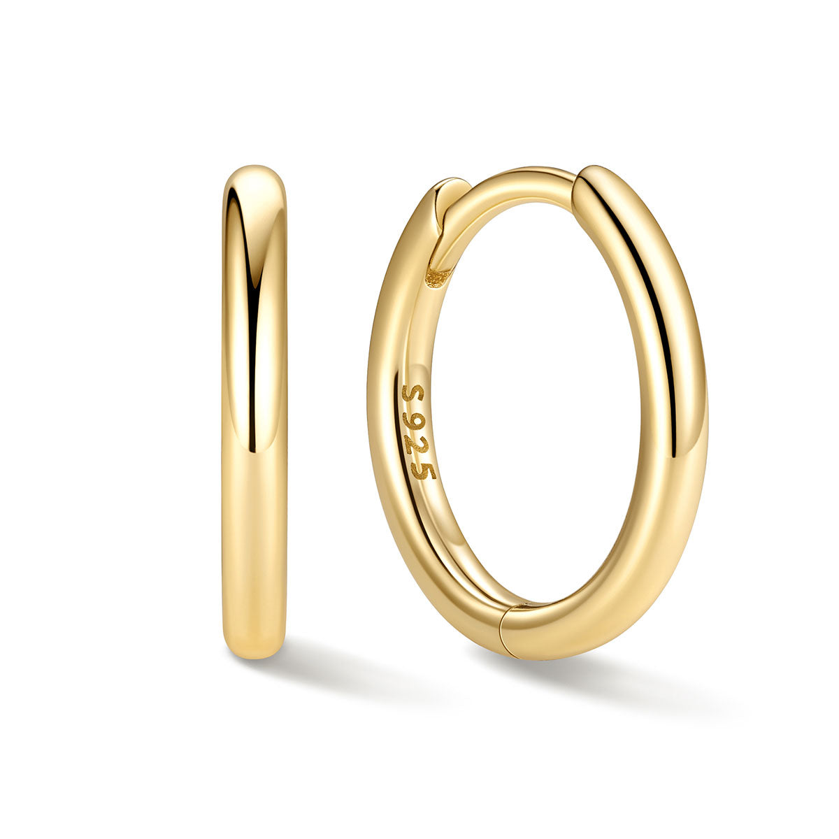10mm Gold huggie earrings on a white background